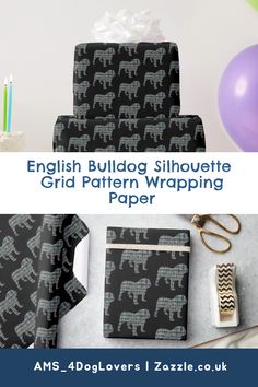 the english bulldog silhouette grid pattern wrapping paper is shown with scissors, tape and other items