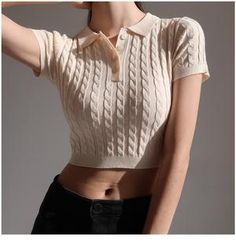 Knit Polo Crop Top – Pellucid Casual Collared Cable Knit Top, Trendy Stretch Cable Knit Tops, Trendy Cropped Cable Knit Top, Fitted Cable Knit Cropped Tops, Casual Fitted Textured Knit Crop Top, Trendy Textured Knit Fitted Crop Top, Trendy Fitted Textured Knit Crop Top, Fitted Cable Knit Short Sleeve Tops, Fitted Short Sleeve Cable Knit Tops