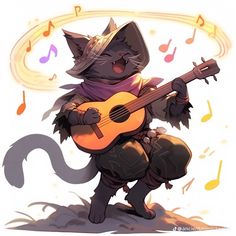 a cat is playing the guitar while wearing a cowboy hat and holding it's tail