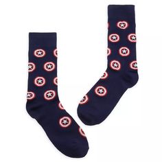 Captain America Socks for Adults | shopDisney America Outfit, Marvel Merchandise, Black Widow Natasha, Captain America Shield, Super Soldier, Marvel Captain America, Winter Outfits Men, Navy Background, Shield Design