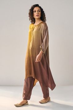 Mustard brown ombre asymmetric kurta with sequin embellishments. Comes with a pant. - Aza Fashions Asymmetric Kurta, Mustard Fashion, Silk Kurti Designs, Cotton Jackets Women, Coord Sets, Sets Outfit, Simple Kurti Designs, Pakistani Fashion Casual, Pant For Women