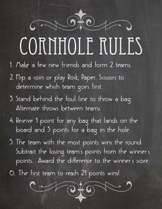 the rules for cornhole rules written on a chalkboard