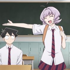 two anime students are standing in front of a blackboard with their hands out to the side