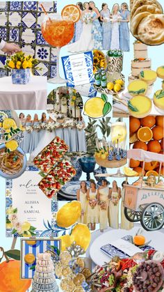 a collage of pictures with food and decorations on it, including oranges, lemons, bread, cake, and other items