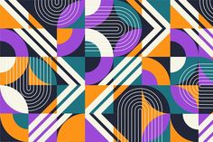 an abstract geometric pattern in purple, orange and blue colors with overlapping shapes on the background