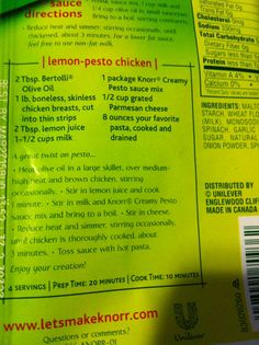 a close up of a menu on a table with the words lemon pesto chicken