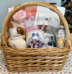 a wicker basket filled with personal care items