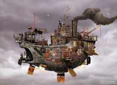 an old steampunk ship floating in the air