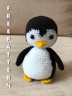 a small crocheted penguin sitting on top of a couch with the caption free pattern