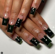 Black Nails With Gems, Deep French Nails, Lexi Nails, London Nails, Green Tips, Goth Nails, Grunge Nails, Long Square Acrylic Nails