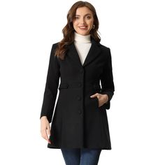 This women's winter coat boasts a timeless notched lapel that exudes sophistication and elegance. The single-breasted button-down front adds a touch of refinement to any outfit. A must-have option for the new season, add new styles to your wardrobe. Featuring a soft lining and comfortable fit, this winter coat is perfect for those who want to stay warm without sacrificing comfort. It's designed to keep you cozy, even on the coldest of days. Can be dressed up or down. Pair it with jeans and ankle Collared Single-breasted Pea Coat For Winter, Winter Long Coat Blazer With Button Closure, Winter Wool Coat With Buttons And Lapel Collar, Elegant Collared Fall Blazer, Elegant Outerwear With Lapel Collar And Button Closure, Winter Button-up Wool Coat With Button Closure, Winter Pea Coat With Collared Shape And Buttons, Winter Wool Button-up Coat, Winter Pea Coat With Buttons And Collar