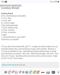 the recipe for cowboy bread is shown on an iphone screen, and it appears to be in english