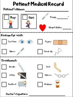 the medical record worksheet is filled with pictures and words to help students understand what they are doing