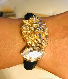 Black & Gold lion's head and Crystal Clamp Cuff Bracelet Handmade One of a kind - artisan Luxury Artistic Cuff Bracelet, Luxury Gold-plated Yellow Gold Cuff Bracelet, Lion Bangle Gold, Adjustable Brass Cuff Bracelet, Spiritual Style, Luxury Statement Gold-plated Cuff Bracelet, Gold Lion, Cuff Bracelets Handmade, Handmade Bracelets, Cuff Bracelet