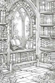 a black and white drawing of a room with bookshelves, plants and flowers