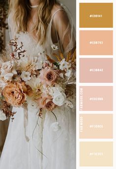 a woman holding a bouquet of flowers in front of a color scheme for her wedding day