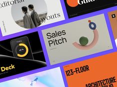 many different types of web design on purple and orange background with text that reads guides, sales pitch, 12 - floor architecture guide