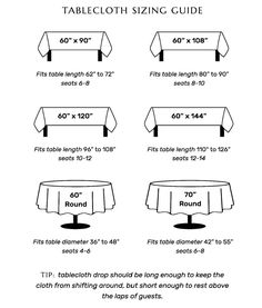 the tablecloth size guide is shown in black and white, with measurements for each table