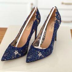 Valentino Garavani Blue Crystal Rhinestone Lace Heels // Size 39.5 // Pointed Toe // Single Sole // 4" Satin Covered Heel // Made In Italy // Truly Stunning // Worn Once (For 15') So Bottoms Show General Minimal Wear. I Also Wanted To Note One Shoe's Pointed Toe Tip Is More "Bare" Than The Other Shoe's Pointed Toe Tip. This Is How They Were Purchased And Due To The Intricate Design. In Excellent Like-New Condition // Guaranteed Authentic // Retailed For $1695 Embellished Lace High Heels, Embellished Lace Heels For Party, Lace Embellished Heels For Party, Luxury Lace Heels With Pointed Toe, Blue Embellished Heels For Special Events, Luxury Lace Wedding Heels, Embellished Blue Heels For Gala, Blue Embellished Heels For Gala, Luxury Blue Heels With Rhinestones