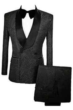 a tuxedo suit with a black bow tie and matching pocket square wallets