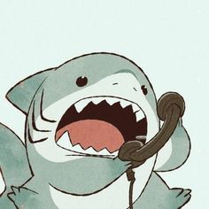 a cartoon shark holding a phone with its mouth open