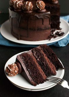 two plates with slices of chocolate cake and one slice has a bite taken out of it