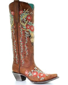 Corral Women's Deer Skull & Floral Embroidery Cowgirl Boots - Snip Toe, Tan, hi-res Classic Black Boots, Bridal Boots, Womens Cowgirl Boots, Leather Cowgirl Boots, Wedding Boots, Deer Skull, Embroidered Boots, Boating Outfit, Deer Skulls