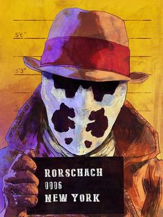 a painting of a person wearing a clown mask holding a sign that says rorschach dog new york