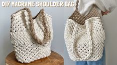 a crocheted bag is shown with the words diy marrame shoulder bag