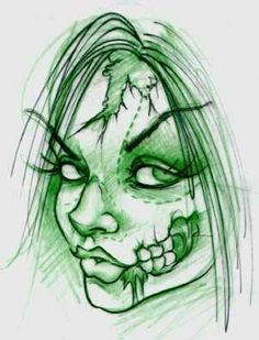 a drawing of a woman's face with green makeup