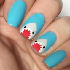 Shark Week Nails Simple Fun Nail Art, Cute Animal Nail Art, Shark Nail Art, Jaws Party, August Nails, Animal Nail Art, Nail Board, Nail Time, Board Designs