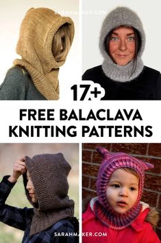 knitting patterns for knitted hats and scarves with text overlay that reads 17 free balcla knitting patterns