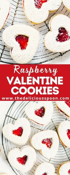 raspberry valentine cookies on a cooling rack with the words, raspberry valentine cookies