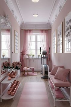 a living room with pink walls and curtains on the window sill, rugs in front of two windows