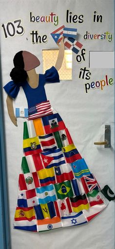 a door decorated with an image of a woman in a dress made out of flags