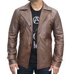 Men's Brown Classic Lapel Blazer Coat Jacket - MARA Leather Mens Leather Blazer, Brown Overcoat, Vintage Style Jacket, Brown Leather Jacket Men, Distressed Leather Jacket, Overcoat Jacket, Mens Blazer Jacket, Leather Blazer Jacket, Lambskin Leather Jacket