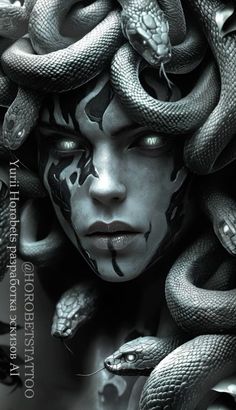 a woman with her face painted in black and white, surrounded by snakes on her head