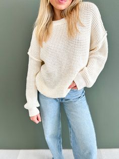 Cream chunky knit baggy crewneck sweater. Baggy Crewneck, Waffle Sweater, Sweater Crop, Crop Top Sweater, Fall Collections, Shoes Booties, Crewneck Sweater, Long Sleeve Crop Top, Skirt Pants