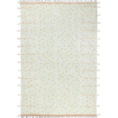 a white rug with orange dots and fringes on the bottom, in front of a white background