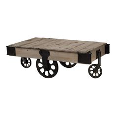 an old wooden table with wheels on the bottom and black metal legs, sitting on a white background