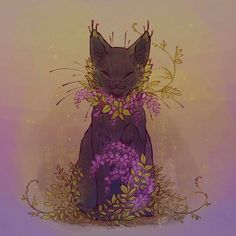 a black cat sitting on top of a pile of flowers next to a purple wall