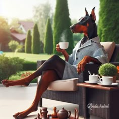 a dog is sitting on a chair with a cup in its mouth and holding a teapot