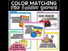 the color matching file folder game is shown with four different pictures and text on it