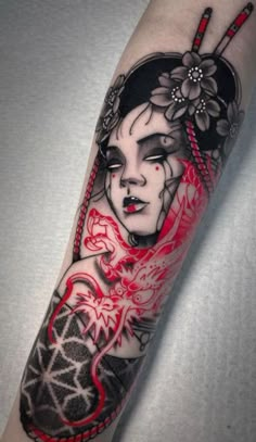 Japanese Half Sleeve, Rio Tattoo, Japanese Forearm Tattoo, Japanese Geisha Tattoo, Geisha Tattoos, Tatuaje Trash Polka, Tattoo Japanese Style, Skull Rose Tattoos