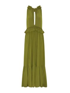 A dropped-waist soft frill maxi dress with a plunging neckline and drawstring ties. Features embroidery lace detail. Sustainably crafted with 100% FSC Crepe De Chine Viscose. Maxi dress. Loosely-fitted. Can be worn open or tied at the neck for fuller coverage. Model is 5ft 10in and wearing a size UK 8 (US 4 | EU 36 | IT 40). Please note this is a seasonal product and has limited availability. Flowy Silk Tiered Maxi Dress, Flowy Tiered Silk Maxi Dress, Green Ruffled Maxi Dress For Date Night, Evening Green Maxi Dress With Ruffles, Silk Ruched Maxi Dress For Date Night, Chic Green Maxi Dress With Tie Back, Chic Tiered Silk Maxi Dress, Green Ruffled Maxi Dress For Wedding, Chic Silk Tiered Maxi Dress