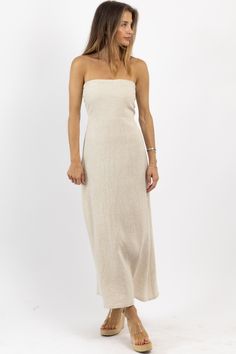 *SIGN UP FOR RESTOCK NOTIFICATIONS, ITEMS ARE RESTOCKED WHEN POSSIBLE BASED ON DEMAND* DESCRIPTION 100% Linen Strapless maxi dress, Linen, Lined, Smocked back, A-line fit, Side zipper closure Naomie is wearing a size small Height | 5'8 Dress size | 2 Please note: All items purchased on sale are final sale. We recommend checking your cart for sale items to make note of non-returnable items. Fitted Maxi Dress With Straight Neckline For Vacation, Spring Beige Maxi Dress With Straight Neckline, Beige Maxi Dress With Fitted Straight Neckline, Fitted Beige Maxi Dress With Straight Neckline, Beige Fitted Maxi Dress With Straight Neckline, Summer Strapless Beige Maxi Dress, Beige Strapless Maxi Dress For Summer, Strapless Beige Maxi Dress For Summer, Summer Beige Maxi Dress With Straight Neckline