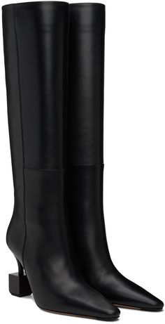 Knee-high paneled buffed calfskin boots in black. · Pointed toe · Grained leather lining · Sculptural stiletto heel with rubber injection · Calfskin sole · Heel: H3.5 Part of the La Casa collection. Supplier color: Black Calf Leather Knee-high Boots With High Heel, High Heel Knee-high Calf Leather Boots With Leather Lining, High Heel Calf Leather Knee-high Boots, Luxury Formal Platform Boots, Luxury Calf Leather Boots With Snip Toe, Luxury Calf Leather Knee-high Boots With Leather Lining, Luxury Black Calf Leather Knee-high Boots, Luxury Platform Boots With Sculpted Heel, Luxury Leather Knee-high Platform Boots