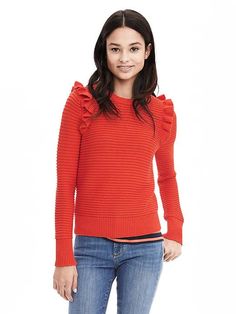 Ruffle Pullover Sweater Red Crew Neck Sweater, Ruffle Sweater, How To Purl Knit, Banana Republic Sweater, Ruffle Sleeves, Modern Outfits, Long Blouse, Blue Sweaters, Daily Fashion