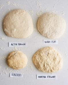 four different types of bread dough on a white surface with labels labeled in english and latin