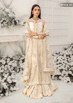 Designer Gold Tissue Silk Palazzo Set, Gold Tissue Silk Palazzo Set For Eid, Gold Tissue Silk Palazzo Set With Resham Embroidery, Elegant Traditional Wear With Pearl Embroidery For Reception, Gold Palazzo Set With Dabka Work In Tissue Silk, Eid Cream Palazzo Set With Mirror Work, Cream Palazzo Set With Mirror Work For Eid, Elegant Beige Palazzo Set For Diwali, Festive Embellished Beige Sets